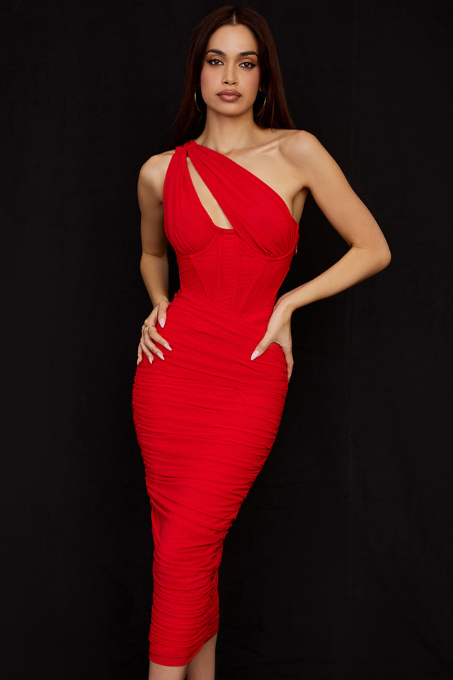'Valentina' Scarlet Asymmetric Cutout Midi Dress
